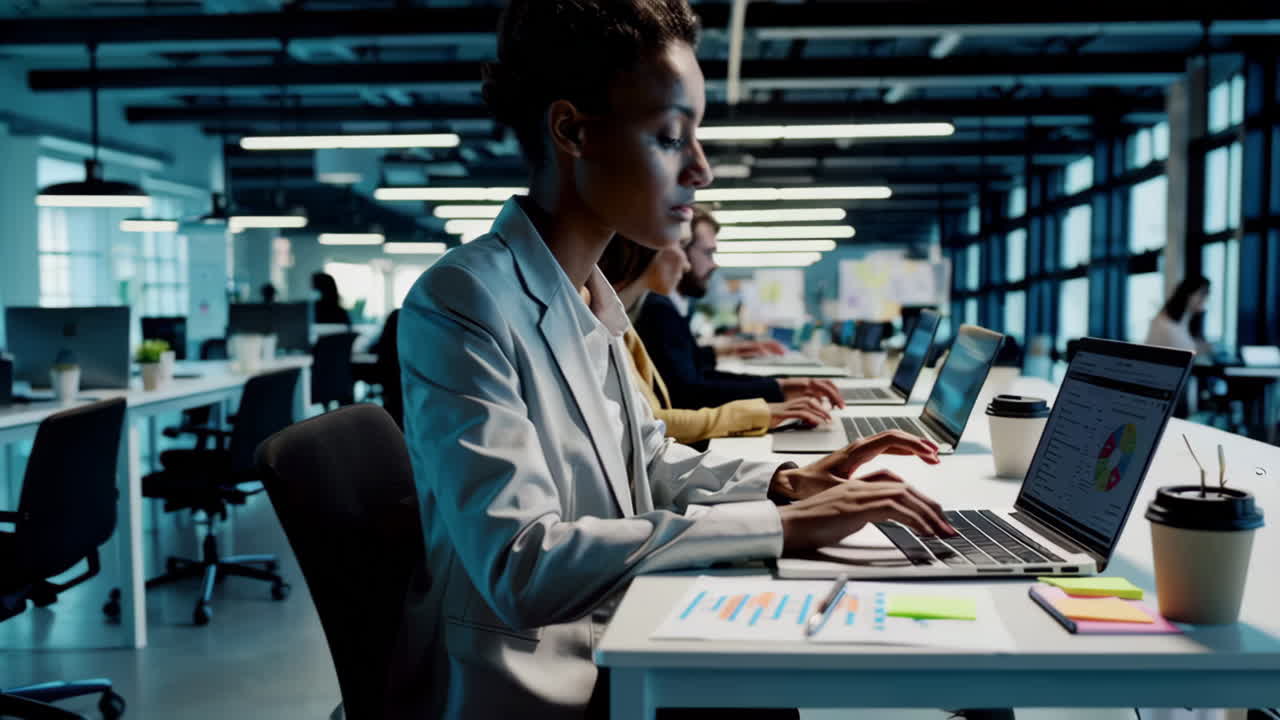 Close-up of hands typing on a laptop in a busy office environment