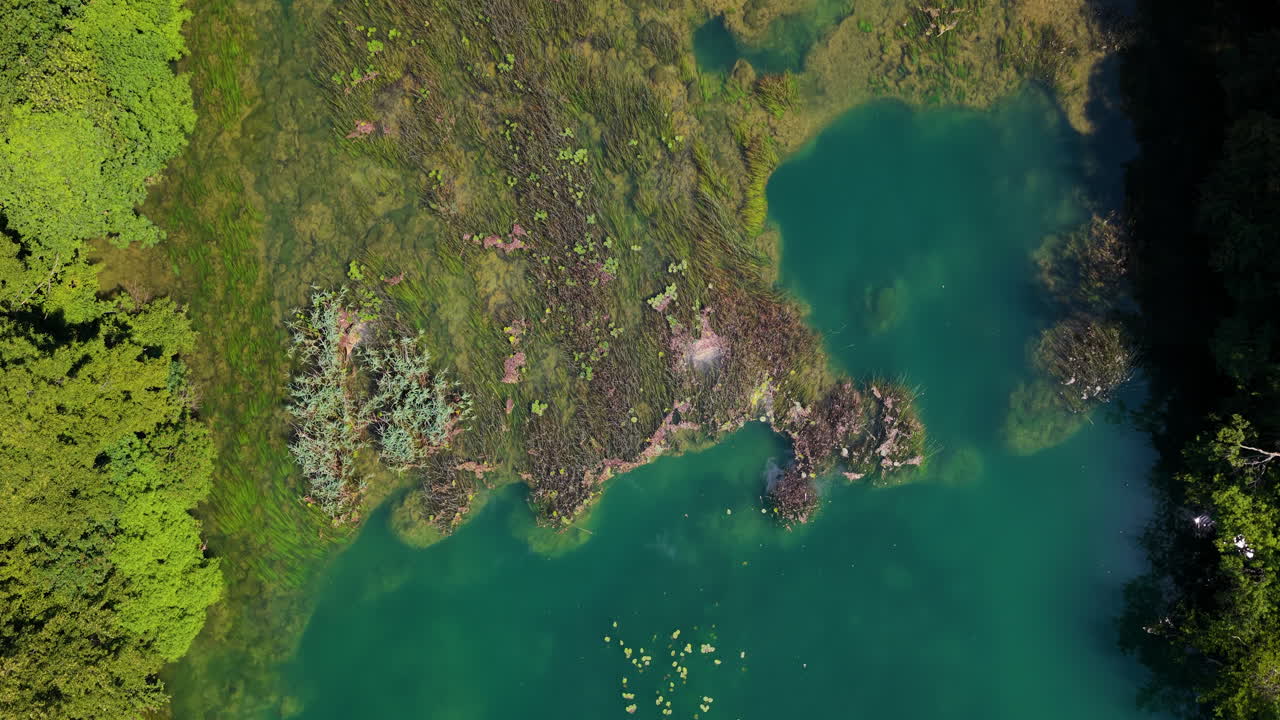 Topdown View Of Mrežnica River Emerald Green Waters With Cascades In Central Croatia. Aerial Shot