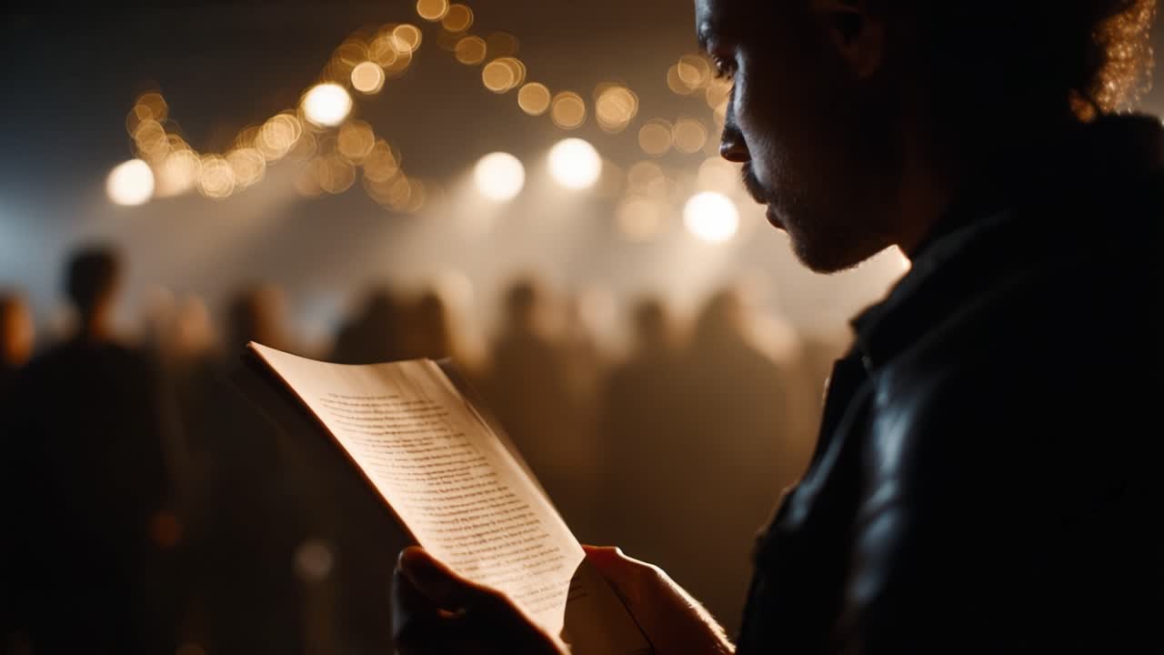 A person intently reading a page amidst a lively background adorned with twinkling lights, capturing a moment of focused contemplation in a vibrant atmosphere