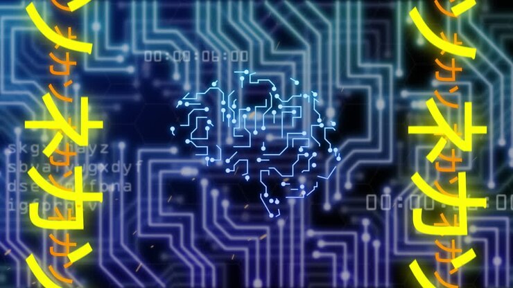 Animation of yellow neon japanese text, data processing over computer circuit board