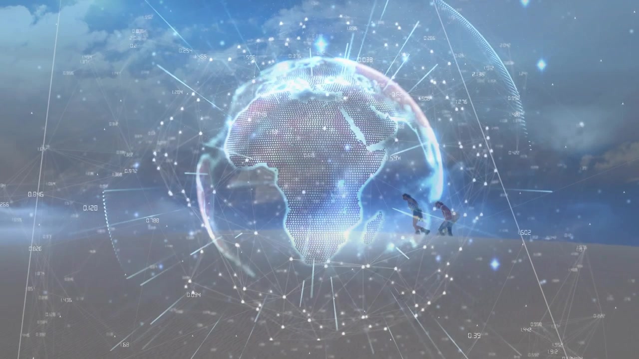 情侶走過沙地平原上的全息地球儀，動畫啟動數據線以可視化數據
