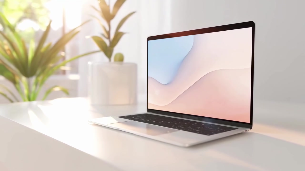 Elegante laptop che si apre su una scrivania luminosa in un ufficio moderno