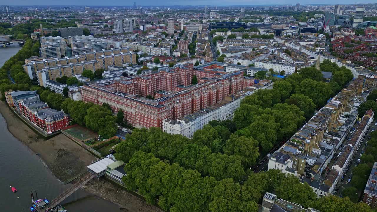 Dolphin Square near Thames River in Pimlico, Westminster, London. Aerial drone forward and cityscape