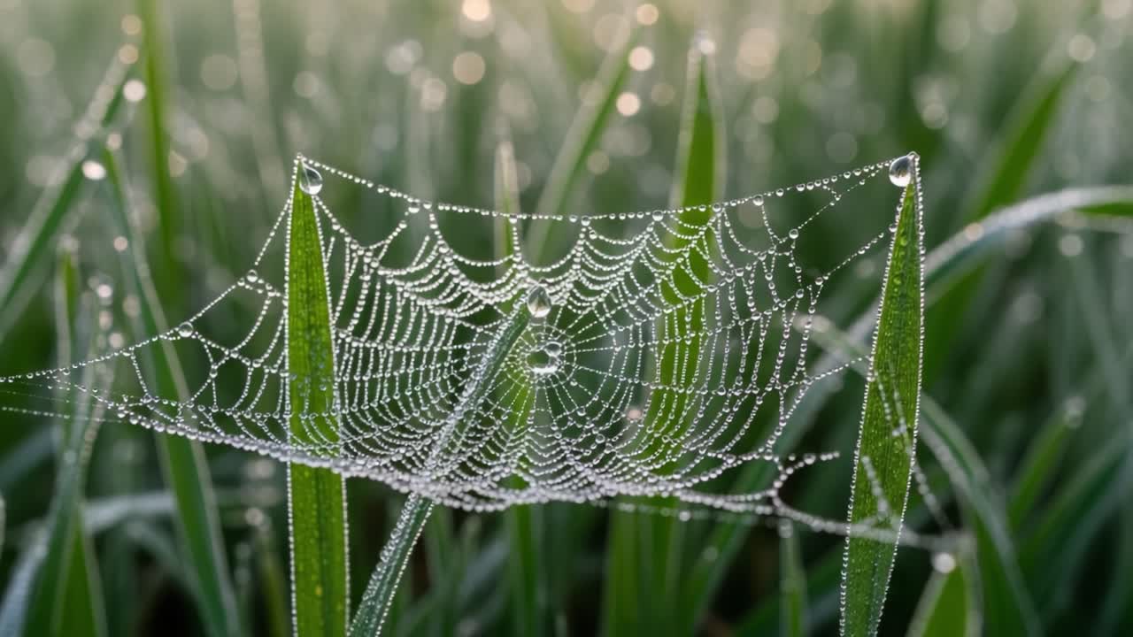 Captivating Morning Dew: A Macro Shot of a Spider Web Adorned with Glimmering Water Droplets, Set Against Lush Green Grass in Soft Natural Light