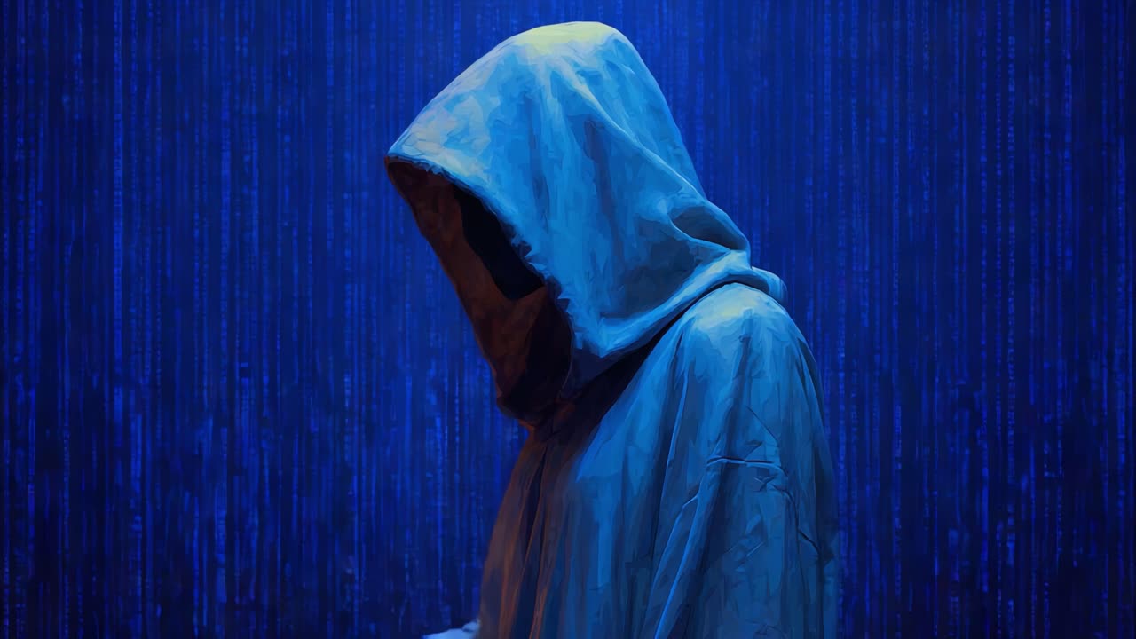 A Mysterious Figure in Shadows: Exploring Themes of Isolation and Technology Against a Digital Backdrop of Binary Code