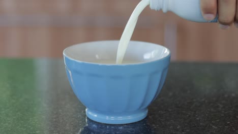 verter leche de la botella en un tazón azul en la cocina de la casa en un mostrador moderno, todavía de cerca