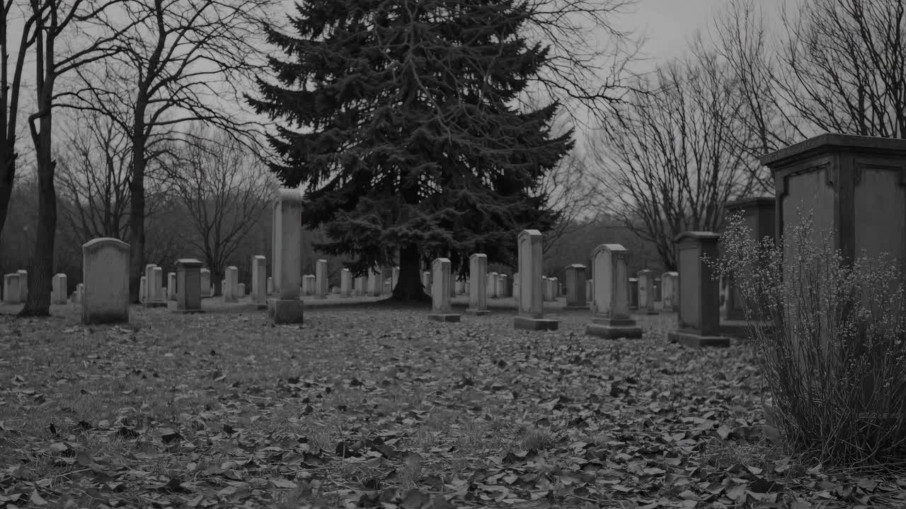A low-angle video shot of a serene, leaf-covered cemetery in grayscale, capturing rows of tombstones