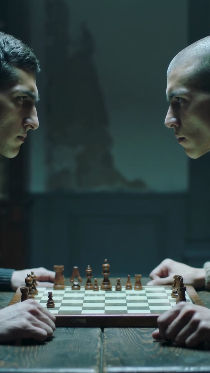 Staring two male players wearing dark sweater and light long sleeve in dim room studying chessboard