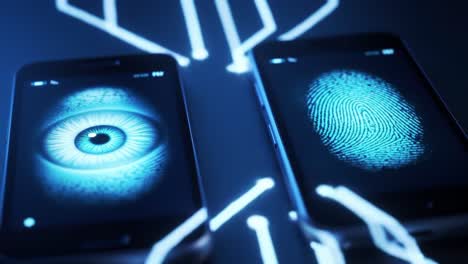exploration of digital identity: contrast between eye and fingerprint representations on modern smartphones with futuristic visuals