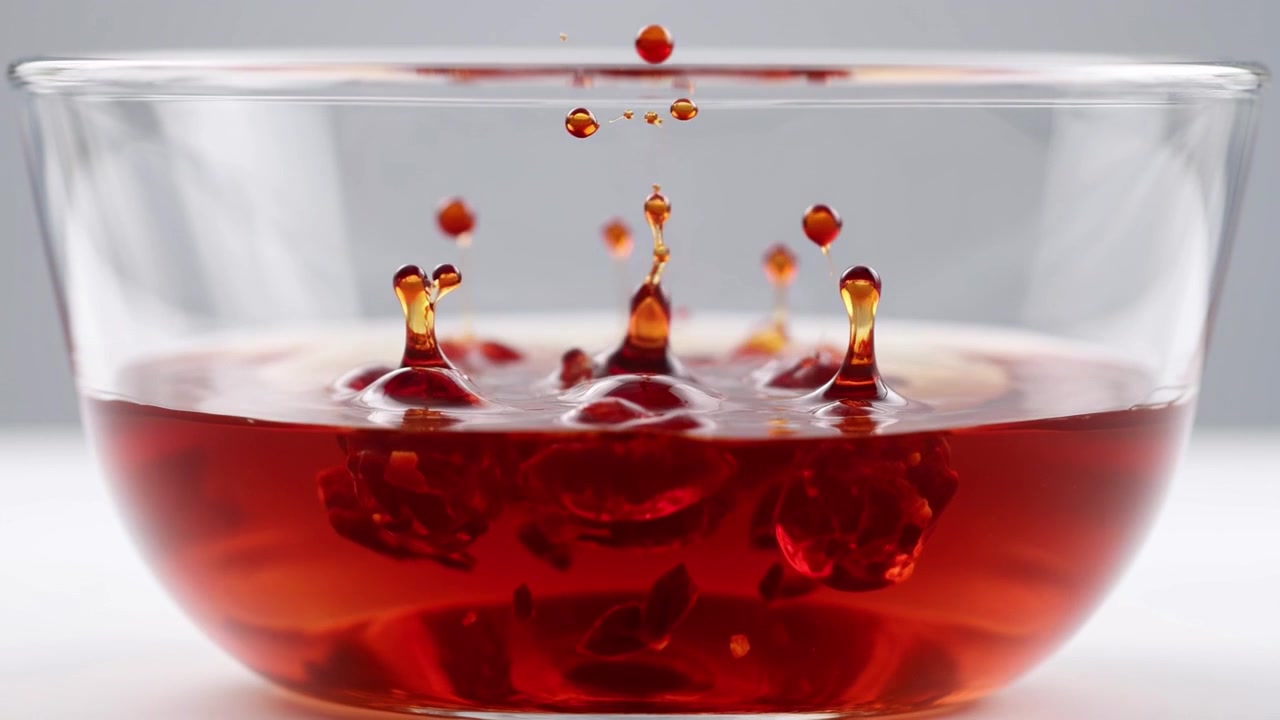 Goccioline di liquido rosso che cadono in una ciotola di vetro piena d'olio