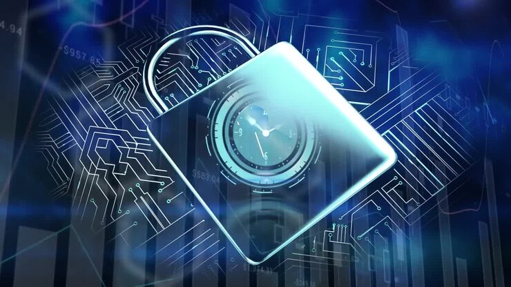 Animation of online security padlock over statistics and computer circuit board