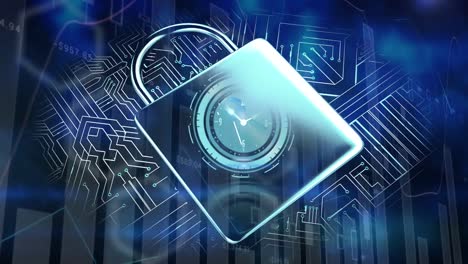 animation of online security padlock over statistics and computer circuit board