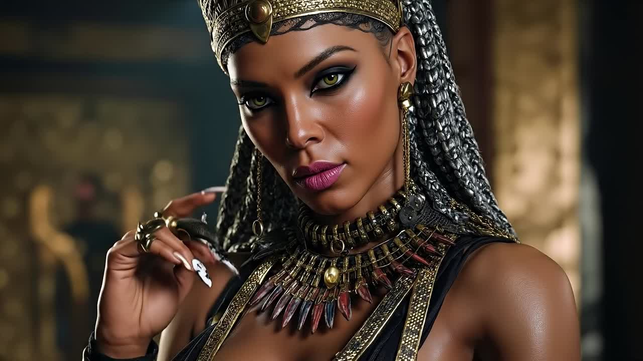 A woman in a cleopatra costume smoking a cigarette