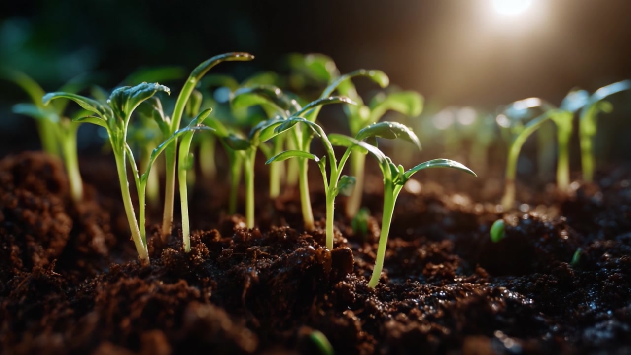 Mudas verdes exuberantes emergindo da terra escura em meio à luz suave, capturando a beleza do crescimento inicial das plantas em um ambiente nutritivo para nova vida.