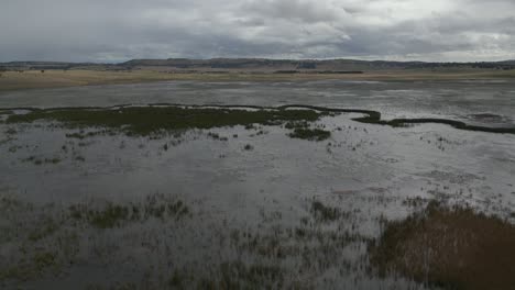 imágenes aéreas de drones de un pantano con los hermosos molinos de viento en el fondo