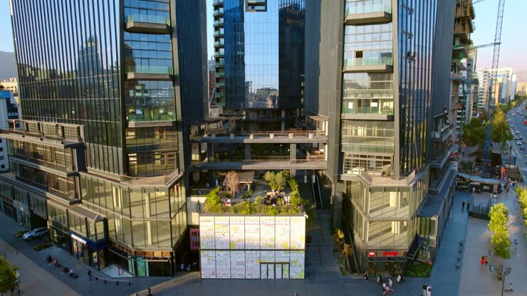 Aerial establishing shot of MUT urban market at Santiago de chile modern building downtown architecture, business center of South America