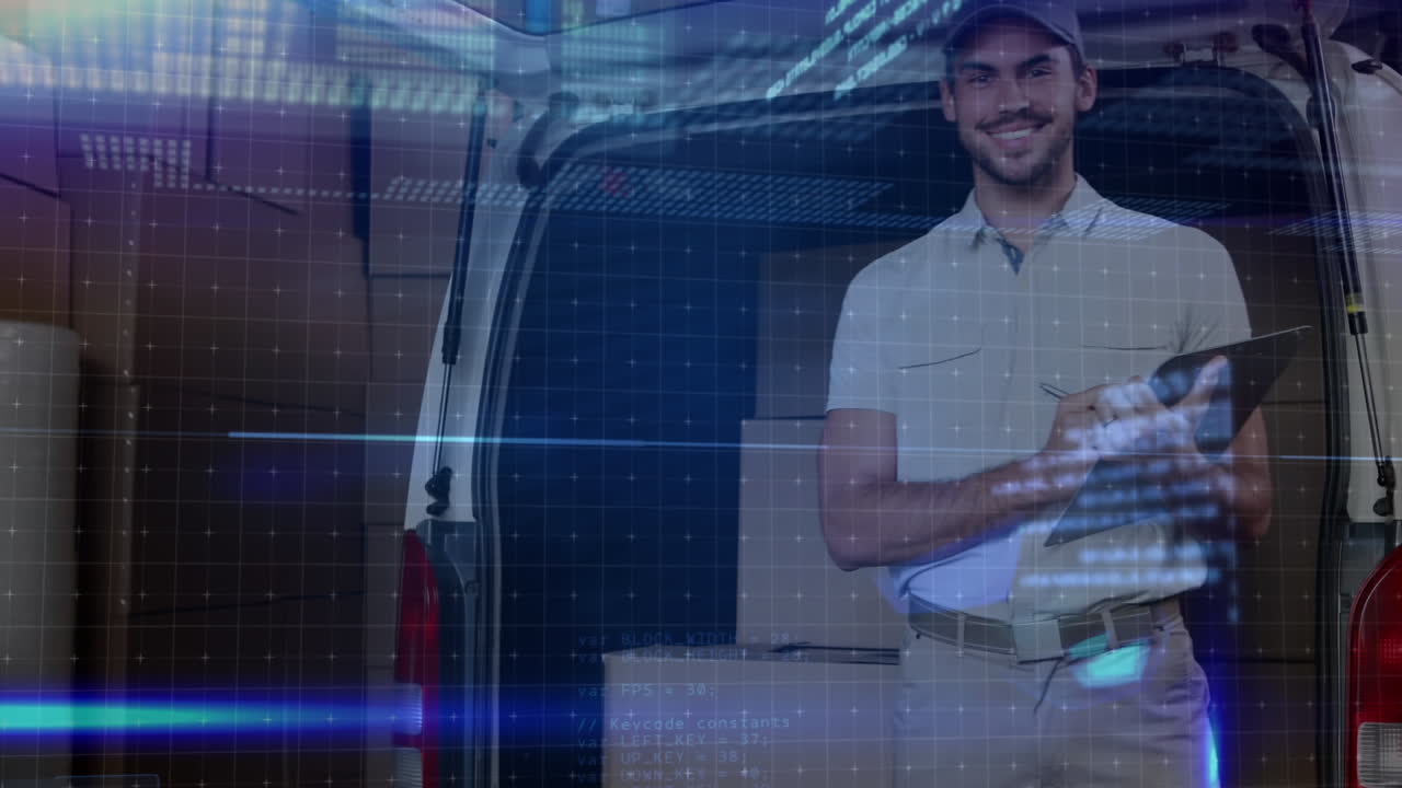 Animation of data processing over smiling delivery man