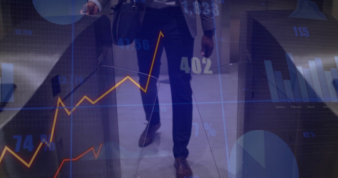 Man in suit walking corridor tapping access device unlocking lobby with finance charts appearing