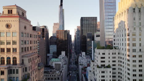 downtown manhatten drone shot through the streets