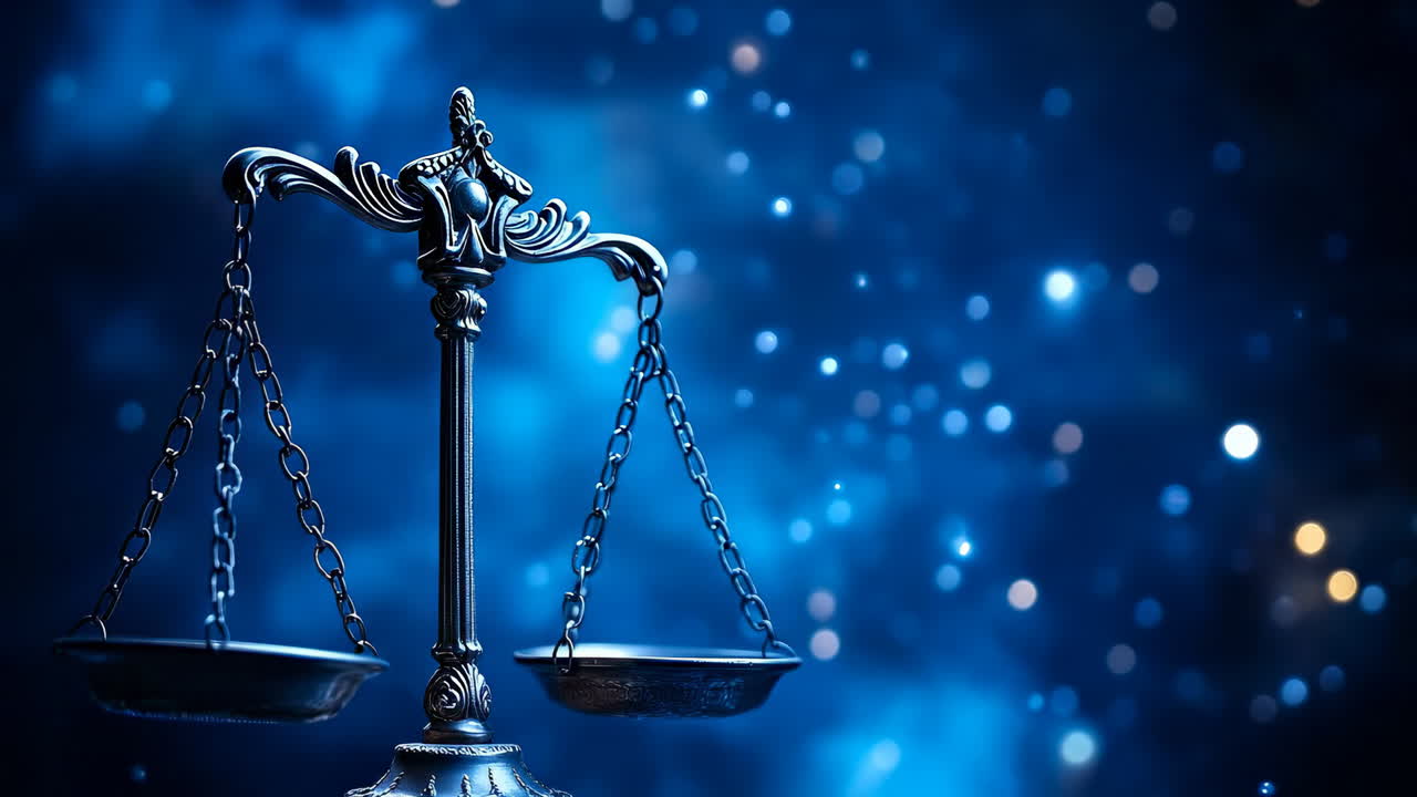 La bilancia della giustizia risplende sotto luci blu. La bilancia della giustizia è ferma con luci blu brillanti sullo sfondo.