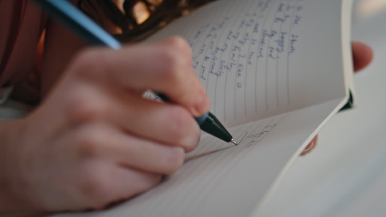 Hands making diary notes closeup. Happy smiling girl holding pen writing plans