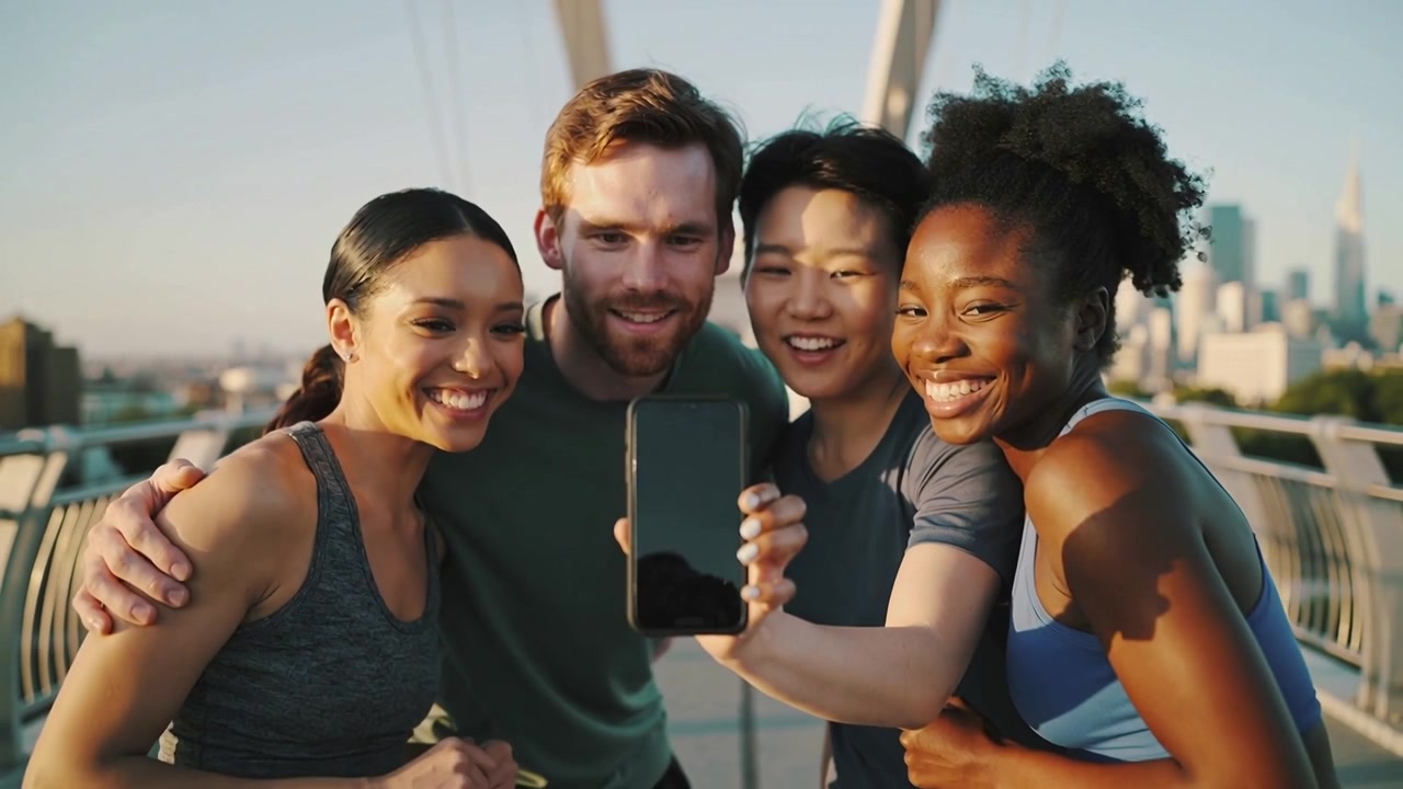 Amici runner in abbigliamento sportivo, appoggiati a un ponte, che tengono il telefono in avanti e inquadrano un selfie con lo skyline.