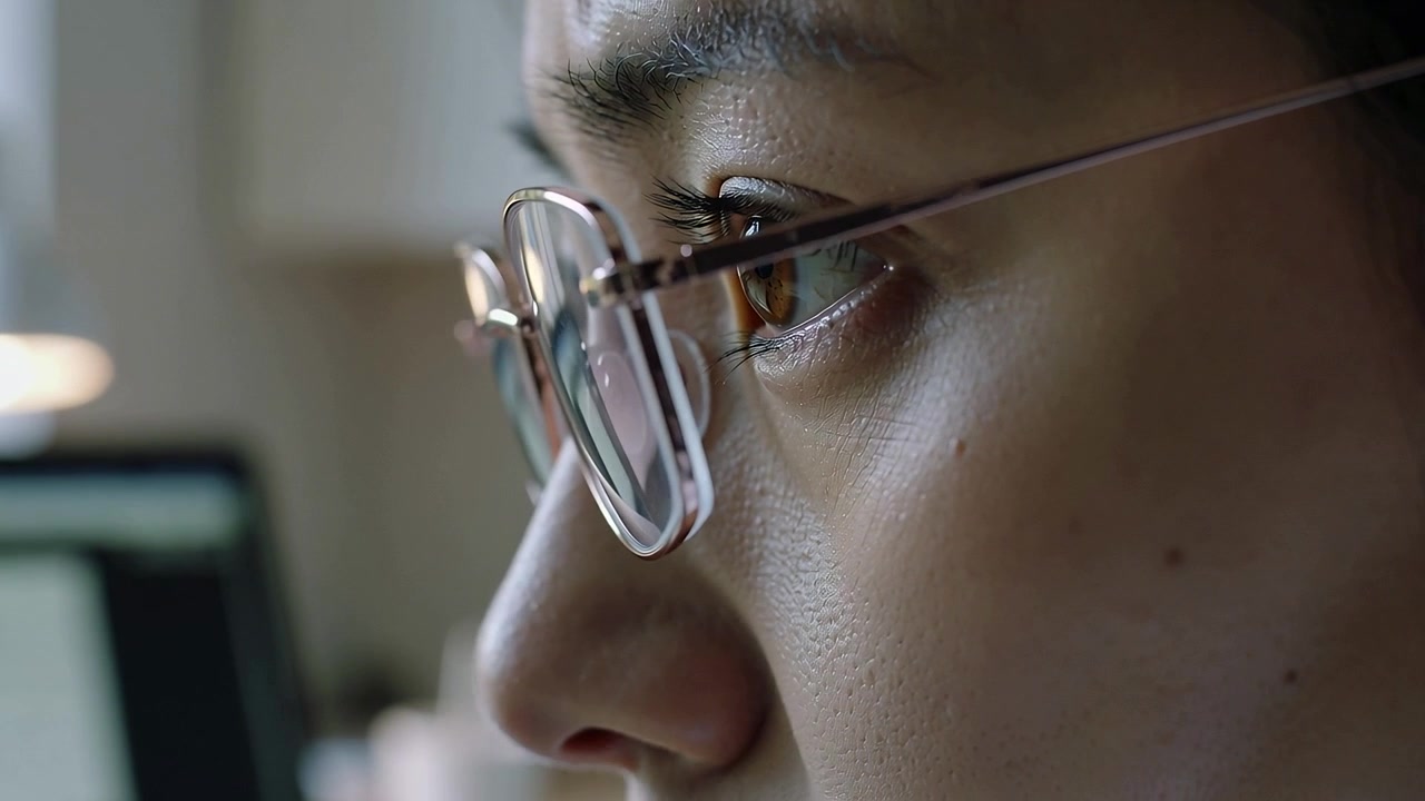 Scanning woman reacting to screen update, reading monitor text at home with glasses reflecting