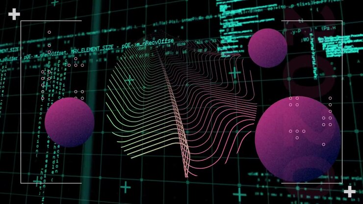 Animation of circles and waves over data processing on black background