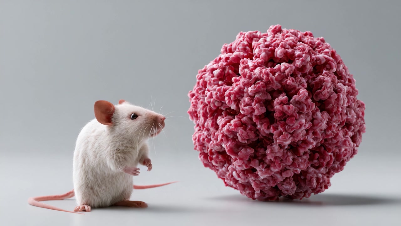 Et fascinerende makroperspektiv af en mus ved siden af en levende lyserød cellestruktur, der fremhæver kompleksiteten af biologisk interaktion og mikroorganismer