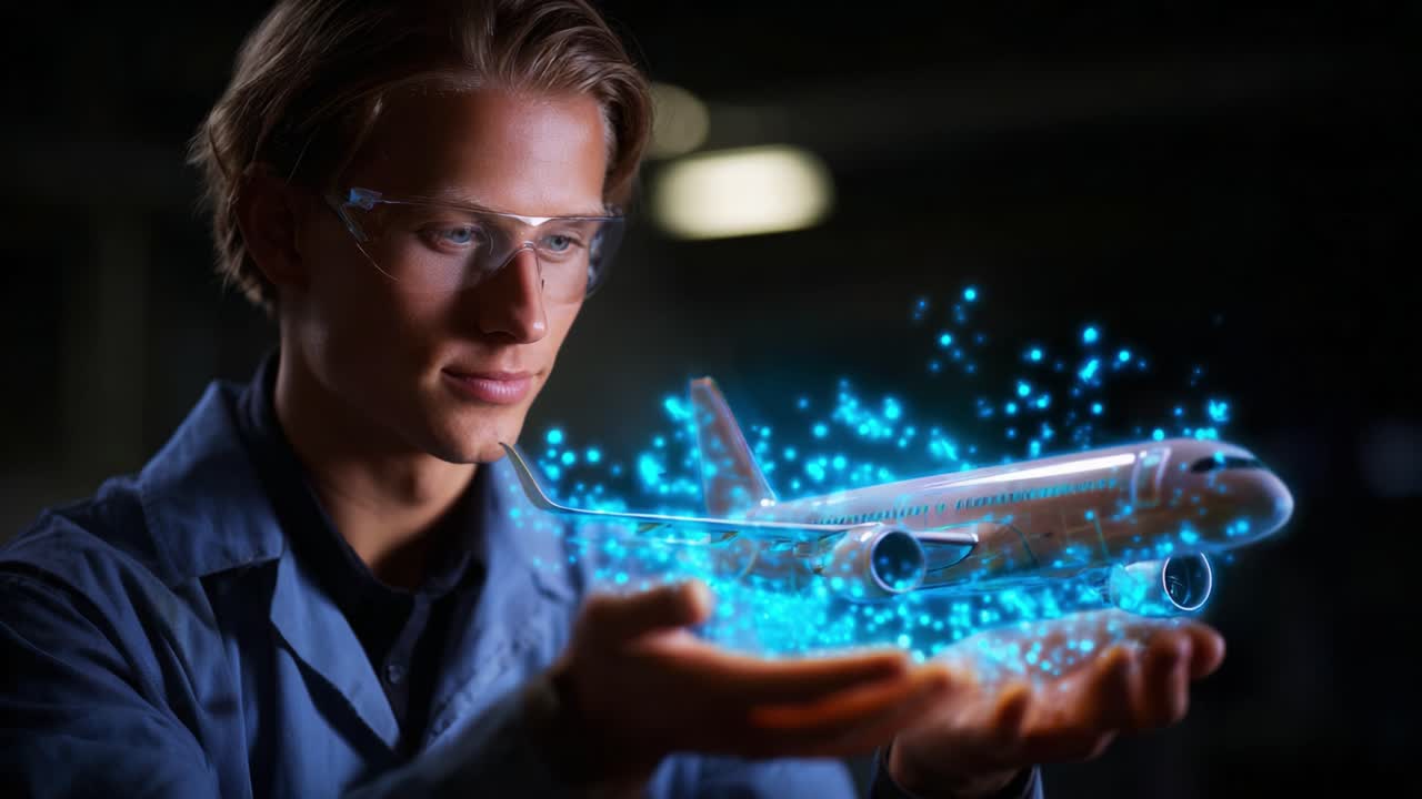 Ein junger Ingenieur interagiert mit einem holografischen Flugzeugmodell und demonstriert fortschrittliche Technologie und Innovation im Bereich Luftfahrtdesign und -entwicklung