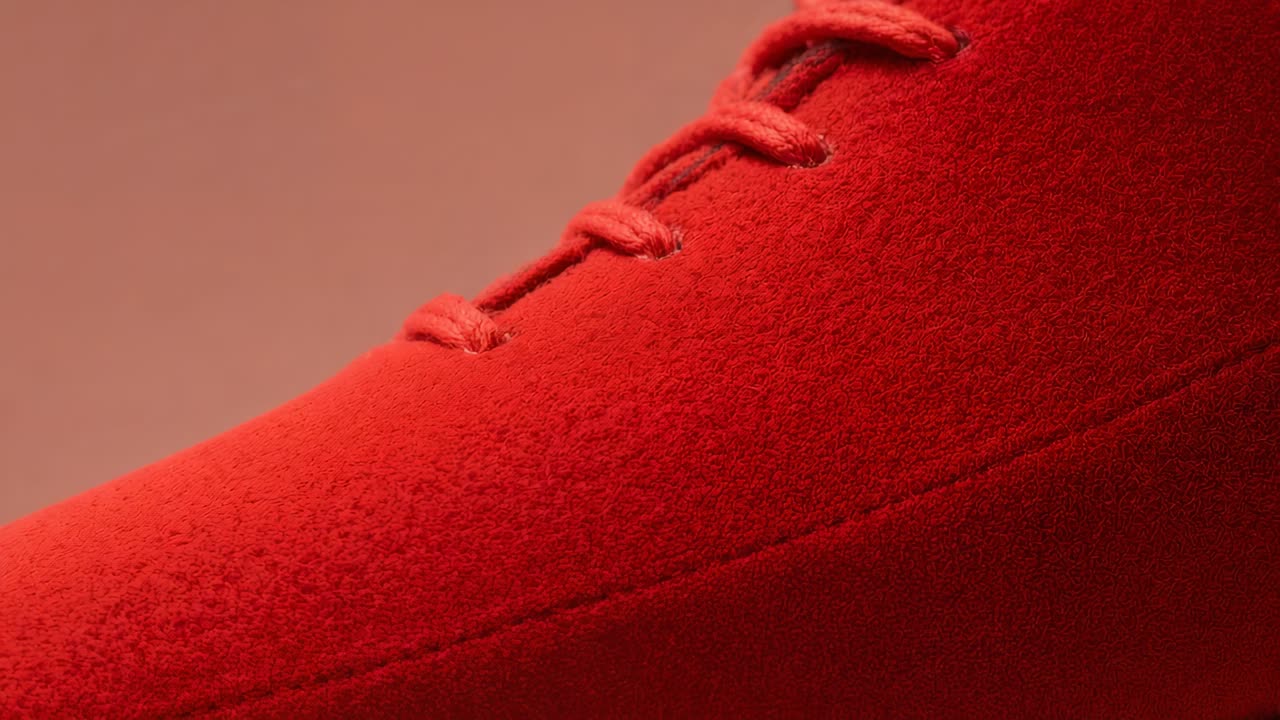 Shifting camera on play revealing red suede laced shoe in studio, showing stitched seam and eyelets