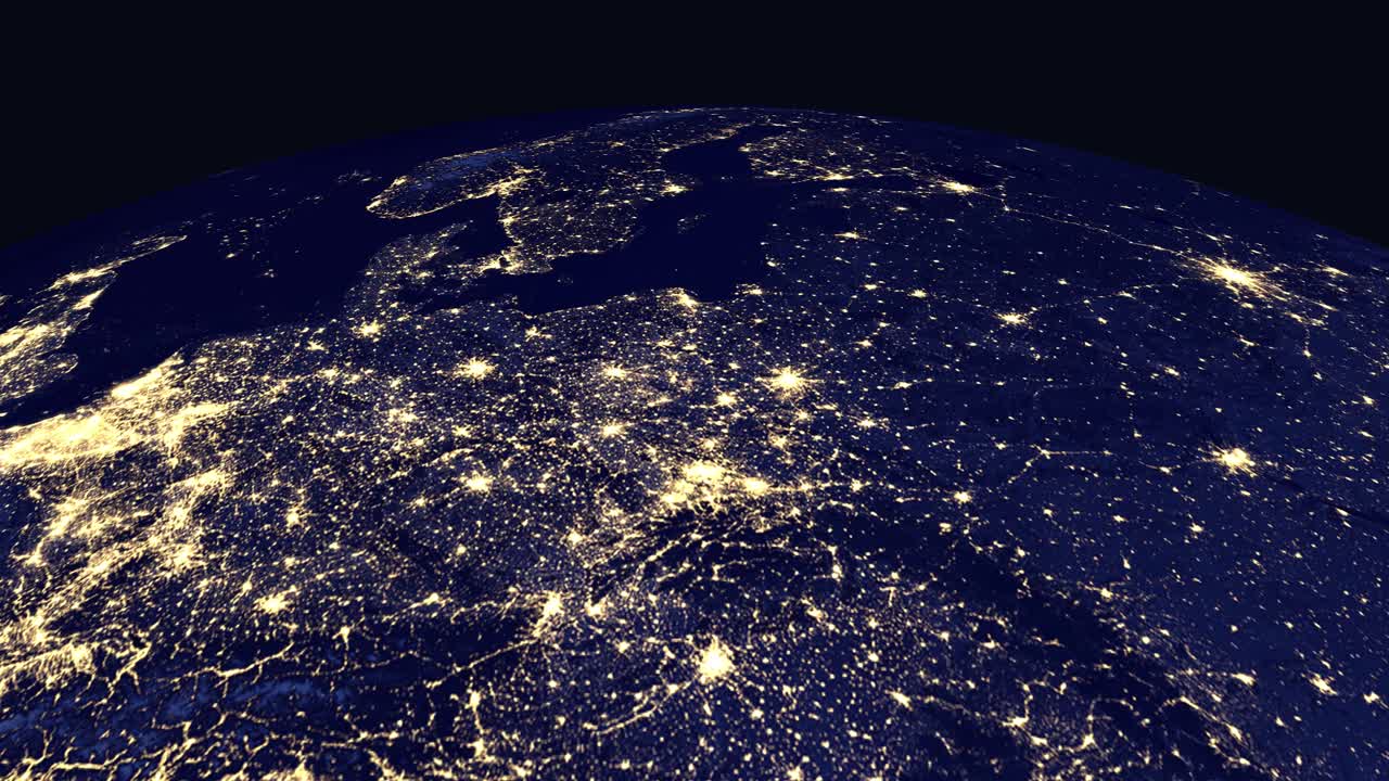 Digital globe rotates and zooms into illuminated European cities at night with country labels