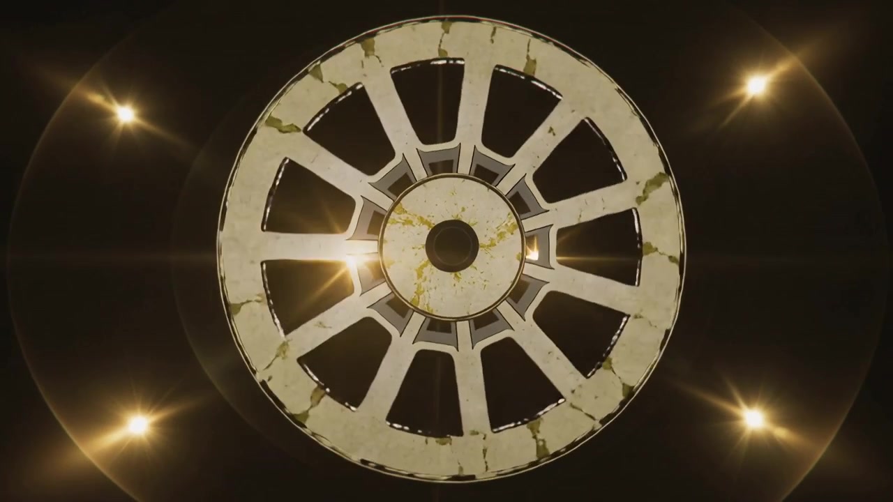 Playback starting, rotating spoked metallic wheel to reveal rust and chipped paint in studio, halos