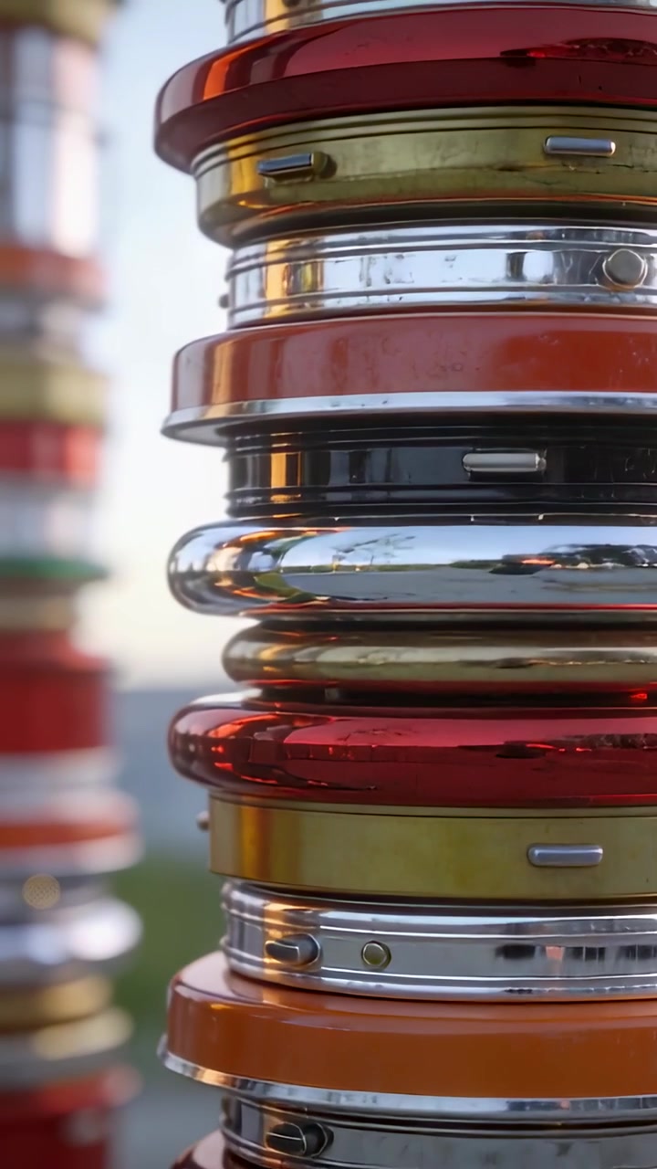 Video verticale: Telecamera in panoramica che rivela una colonna di anelli metallici impilati in un campo aperto, mostrando spezzoni.