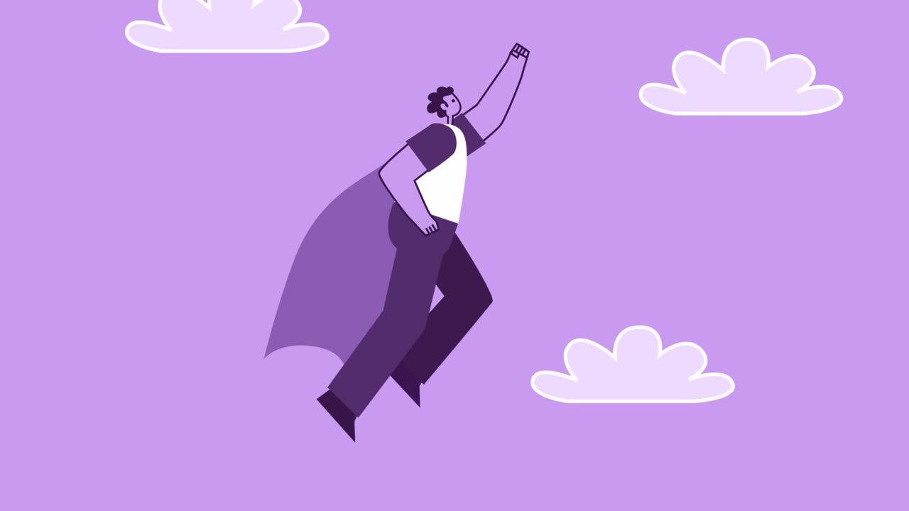 el personaje plano del hombre de estilo púrpura vuela como un superhéroe. animación de bucle aislado con canal alfa