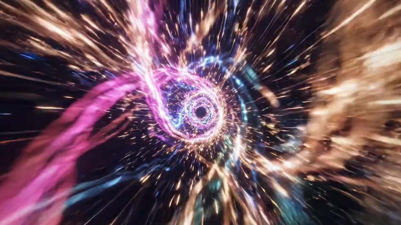 A mesmerizing journey through a colorful cosmic vortex, showcasing vibrant energies swirling in a dazzling display of light, color, and motion, evoking a sense of wonder and infinity.