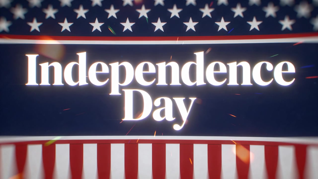 Animating centered Independence Day title on playback, sending embers across star banner, stripes