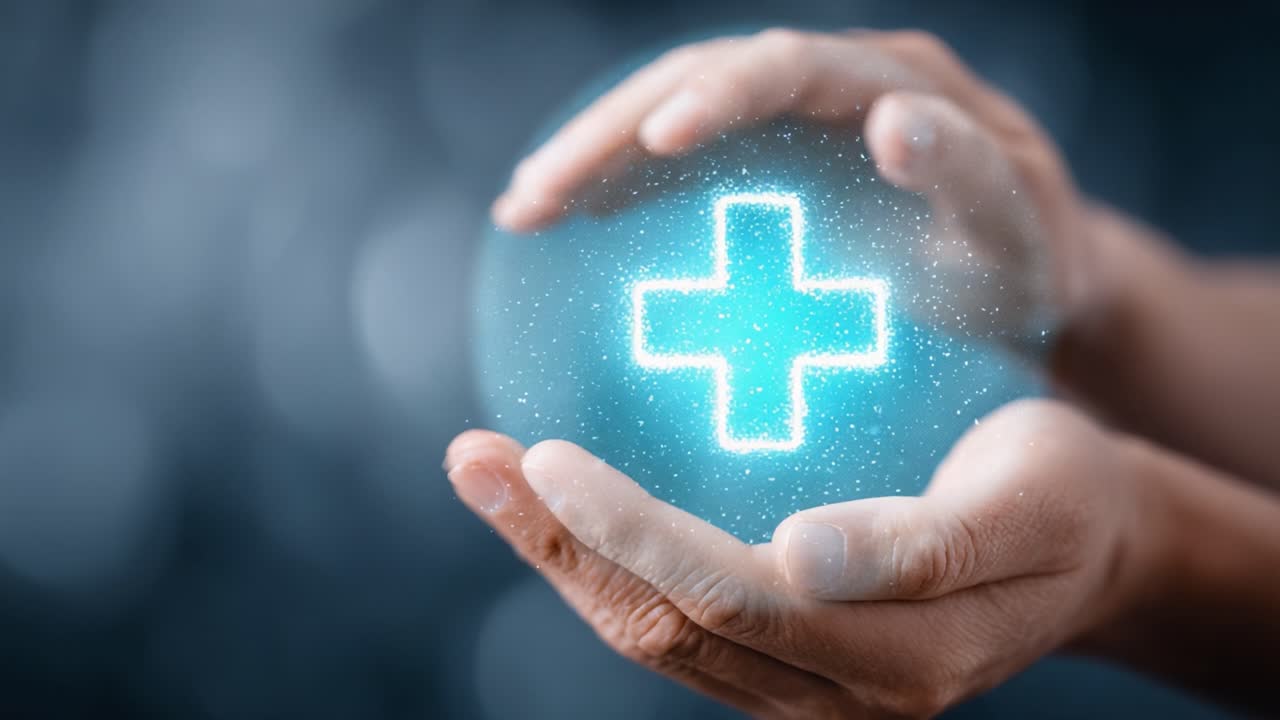 An Illuminated Symbol of Care: A Pair of Hands Cradling a Glowingly Bright Plus Sign, Representing Health, Safety, and Medical Assistance