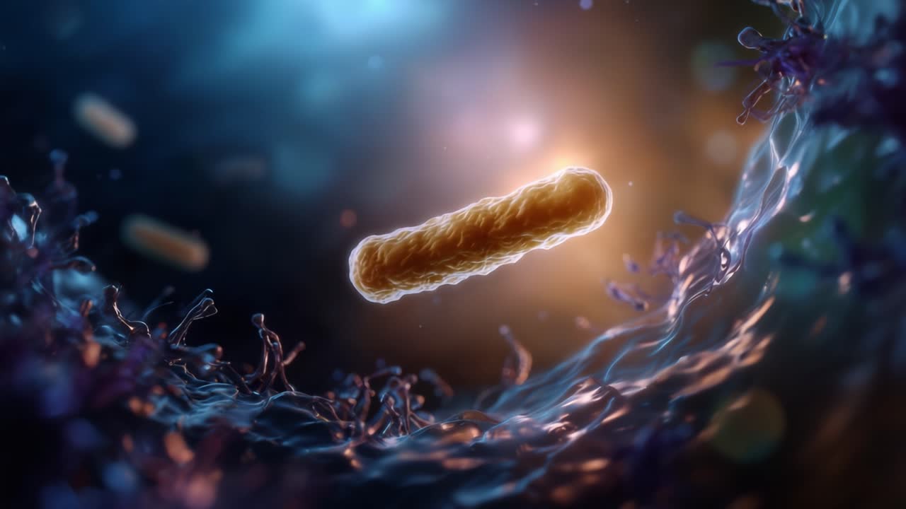 Detailed Visualization of Bacterial Cellular Structures in a Microbial Environment, Highlighting Intriguing Shapes and Interactions with Surrounding Particles