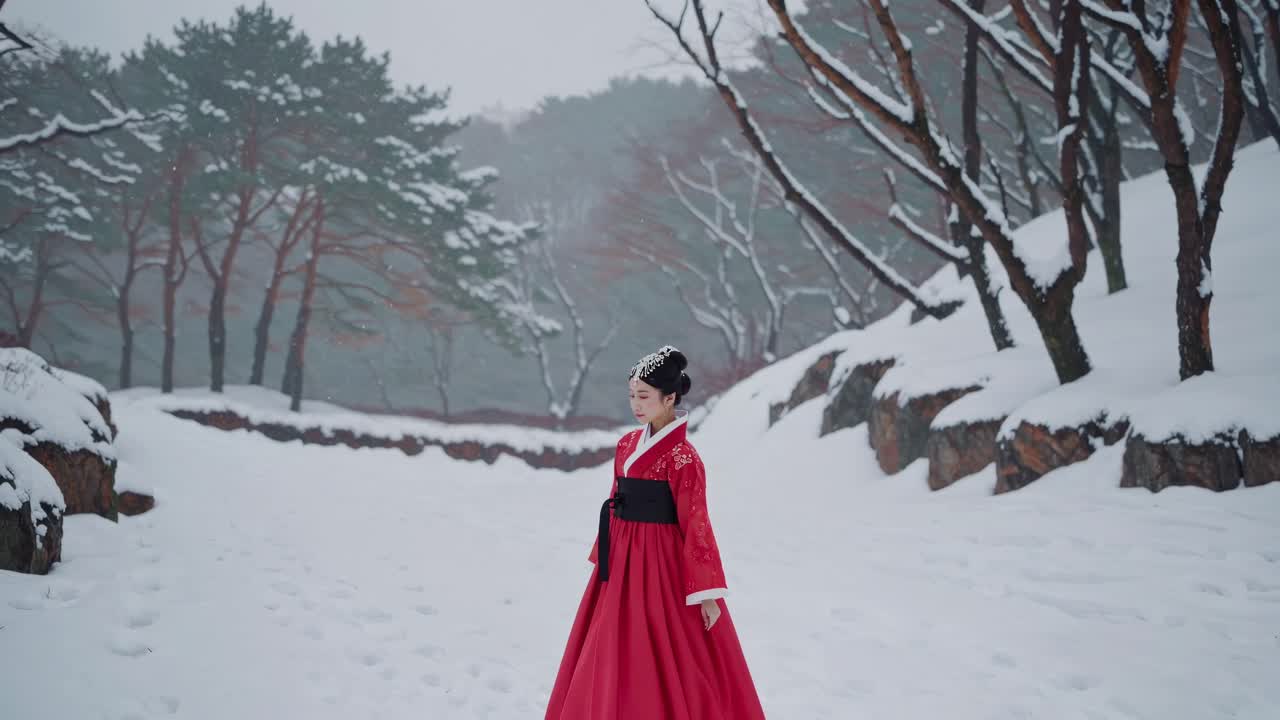 A woman in traditional attire walks through a snowy landscape. The video captures her from a low