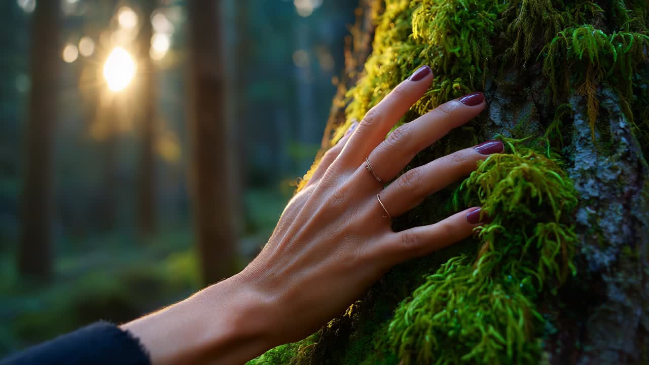 A Gentle Touch of Connection: Exploring Nature's Beauty with a Hand on a Moss-Covered Tree in Golden Hour Light Amidst a Forest Environment