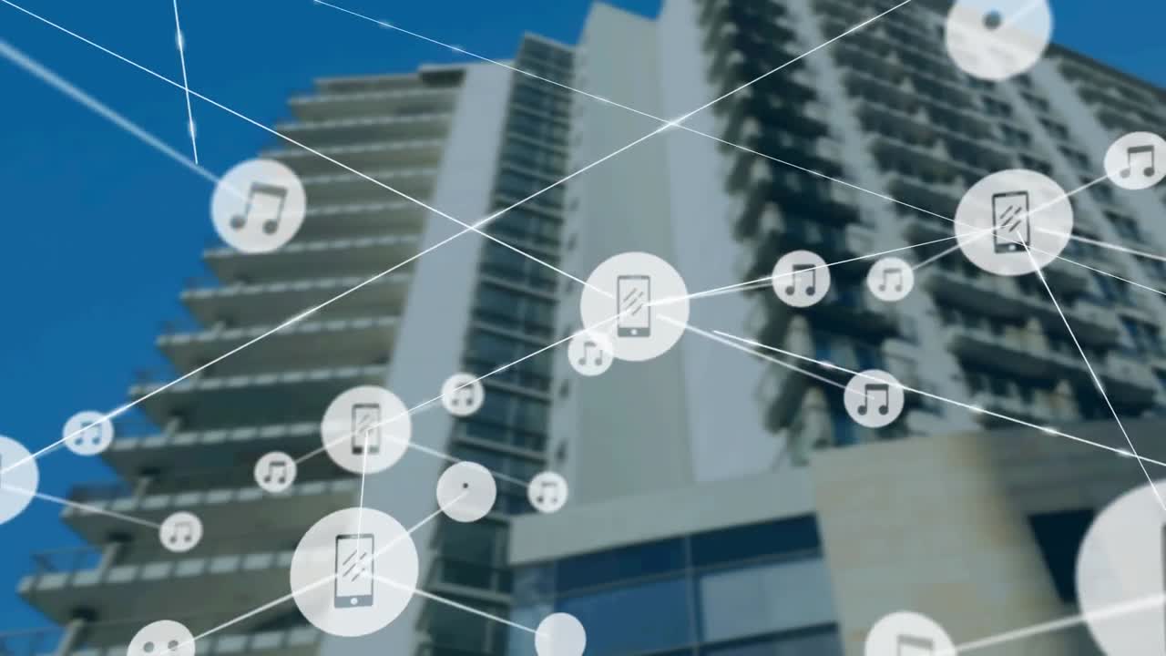 Animação de rede de conexões com ícones sobre um edifício moderno