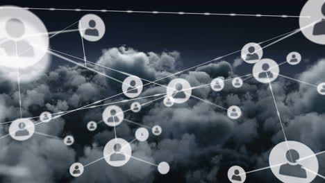 network of profile icons against dark clouds in the sky