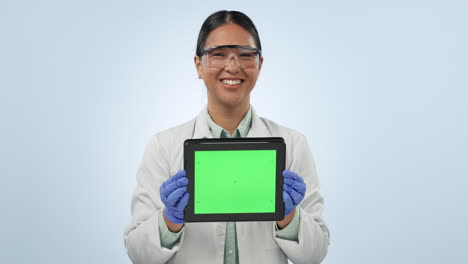 Happy-asian-woman,-tablet-and-scientist-with-green