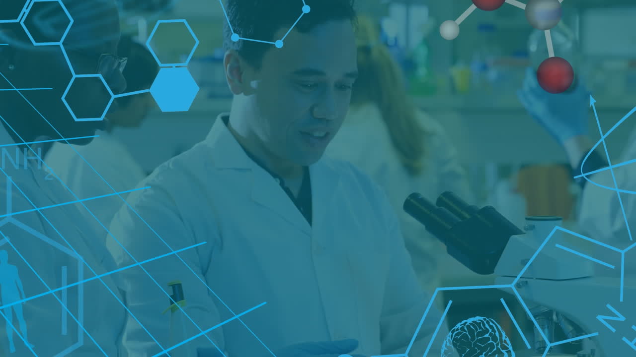 animazione della struttura chimica su diversi scienziati maschi e femmine utilizzando il microscopio in laboratorio