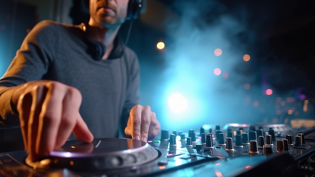 Il DJ mixa tracce con intensa concentrazione. Le dita scivolano con precisione sulle manopole del giradischi. Fumo blu si avvolge intorno alle apparecchiature luminose. Luci calde sfumano sullo sfondo.
