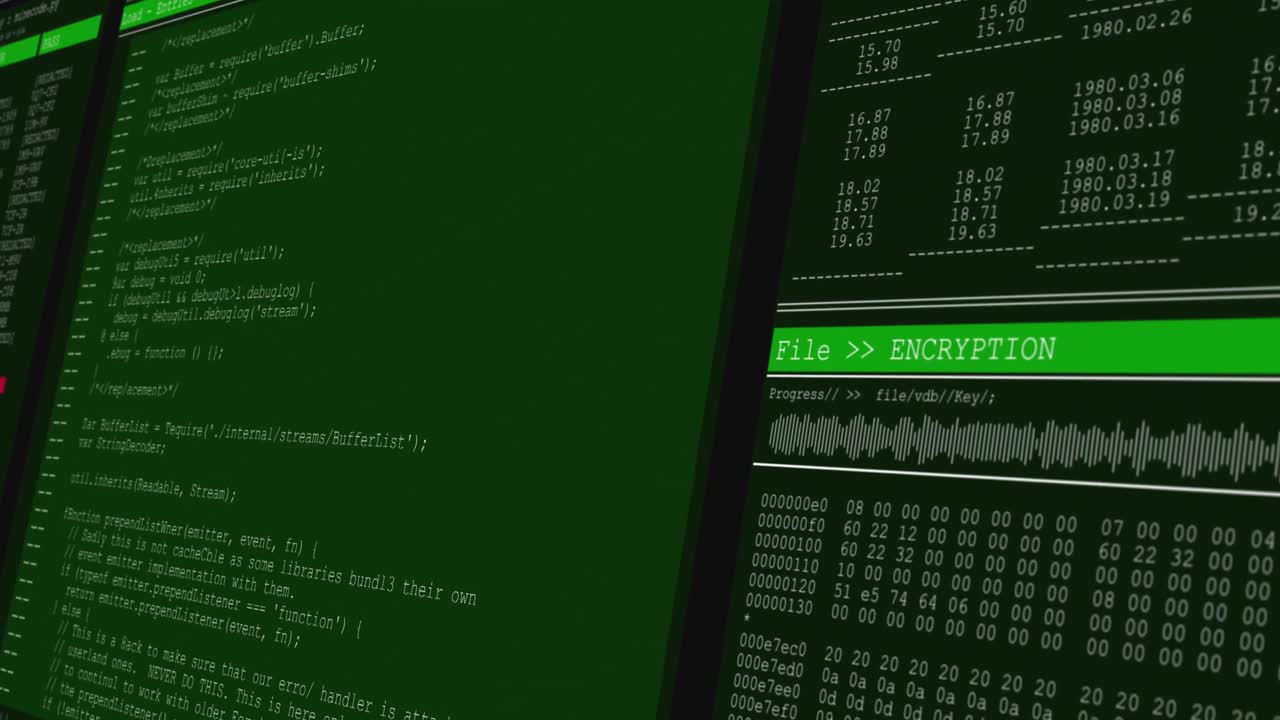 Animation of data processing on green and grey computer screens