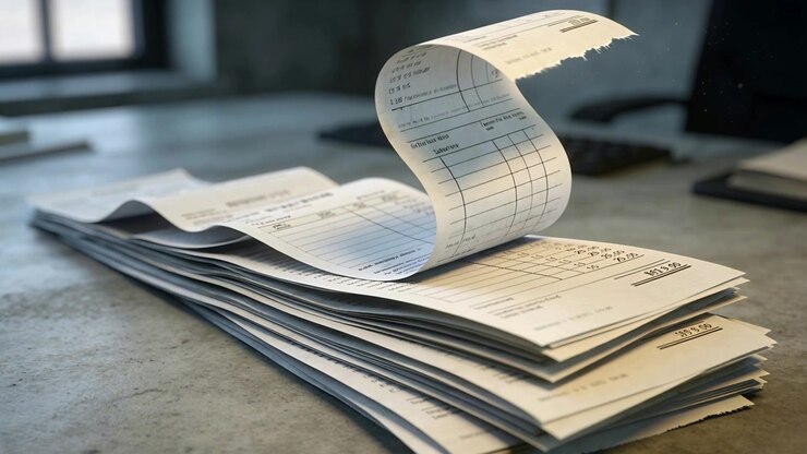 Curling perforated top sheet rising from unseen breeze over receipt stack on stone desk near window