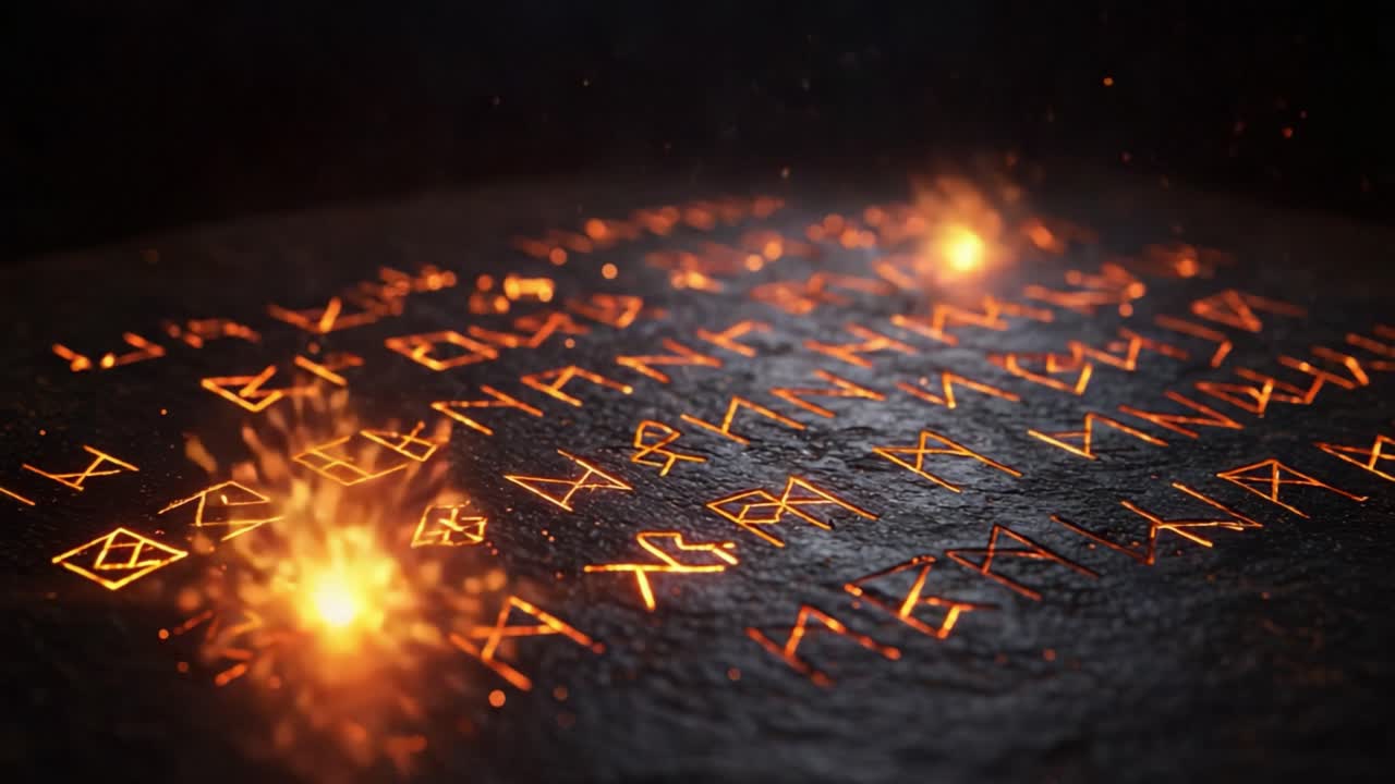 Illuminated Runic Symbols Emerge from Ancient Stone, Sparking Mystery and Adventure in an Enigmatic Language with Glowing Characters and Fiery Accents