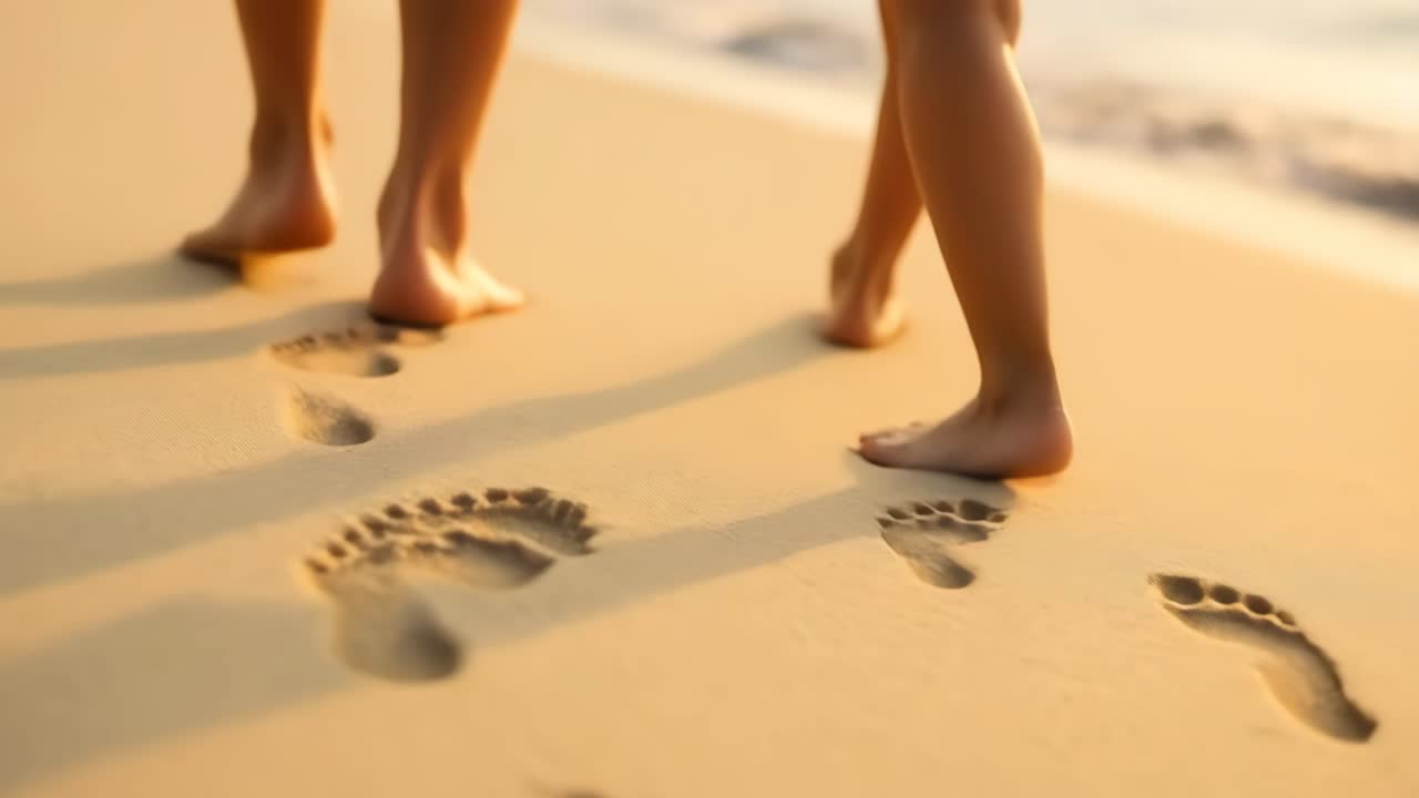 Tomada de Vídeo em Ângulo Baixo de Duas Pessoas Caminhando Descalças em uma Praia de Areia, Deixando Pegadas